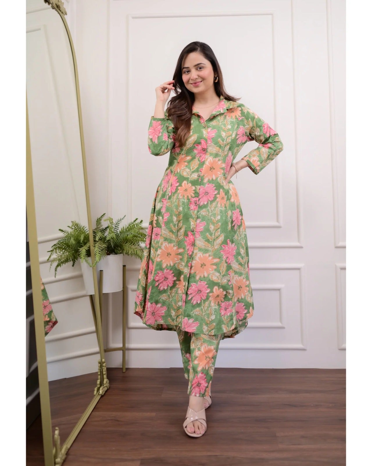 Green Cotton Kurti Pant Set